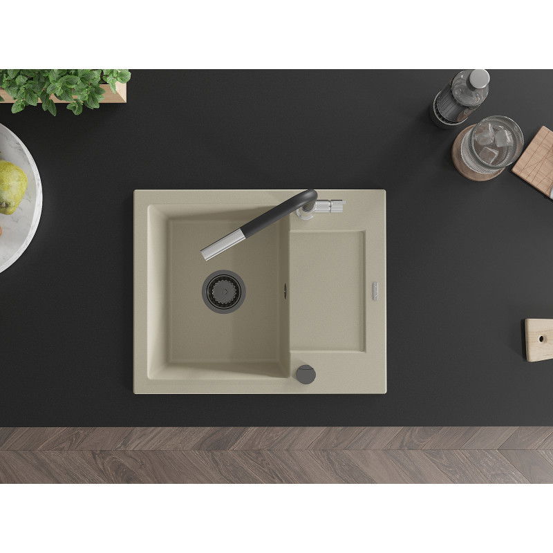 Mexen Enzo granitový dřez 1-komorový s odkapávačem a kuchyňskou baterií Flora, béžový - 6506-69-670401-07-B