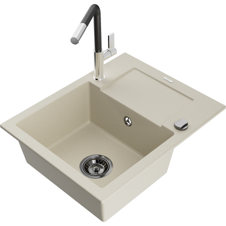 Mexen Enzo granitový dřez 1-komorový s odkapávačem a kuchyňskou baterií Flora, béžový - 6506-69-670401-07-B