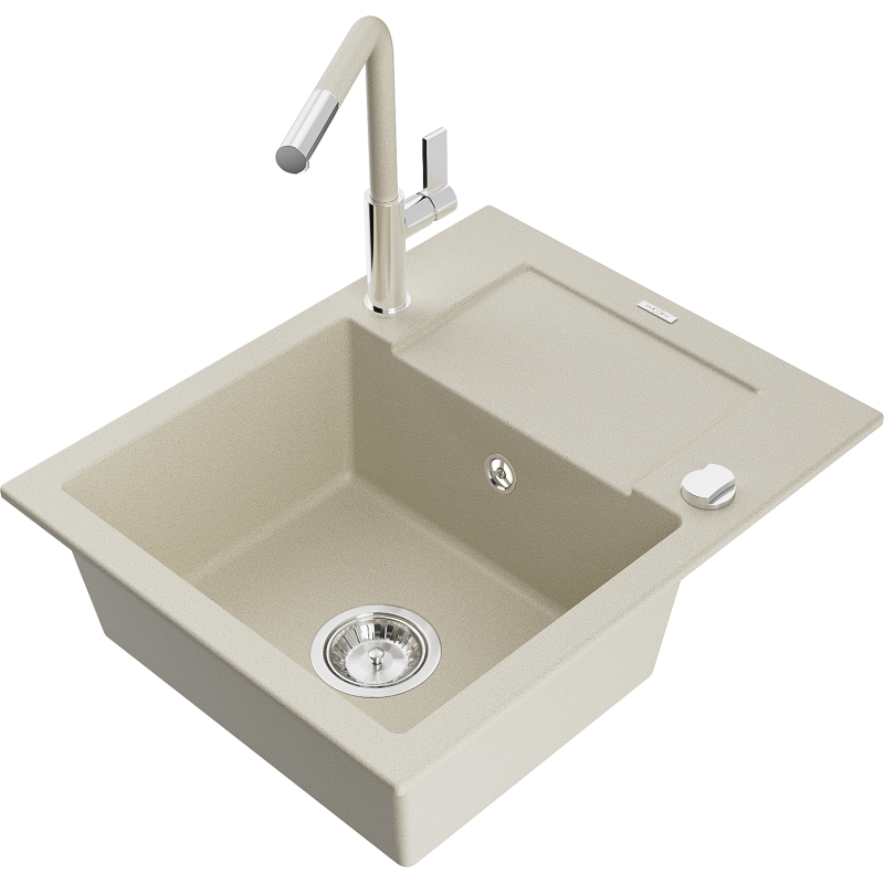 Mexen Enzo granitový dřez 1-komorový s odkapávačem a kuchyňskou baterií Flora, béžový - 6506-69-670401-09