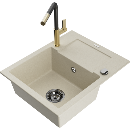Mexen Enzo granitový dřez 1-komorový s odkapávačem a kuchyňskou baterií Flora, béžový - 6506-69-670401-57-B