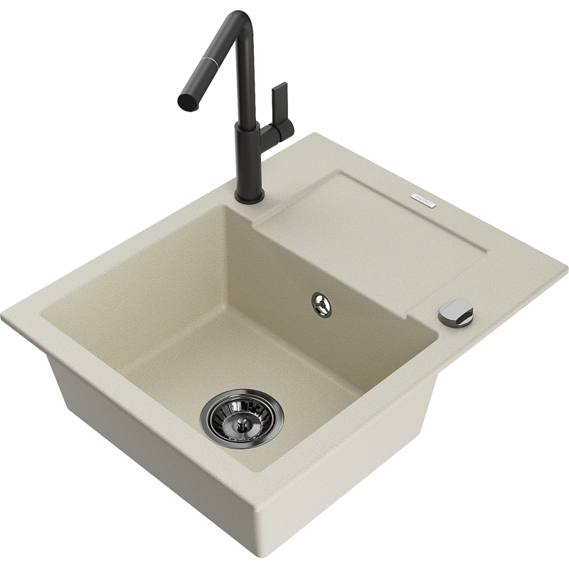 Mexen Enzo granitový dřez 1-komorový s odkapávačem a kuchyňskou baterií Flora, béžový - 6506-69-670401-70-B