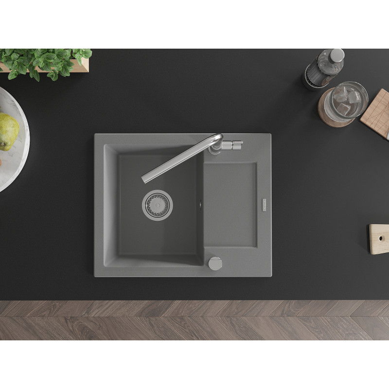 Mexen Enzo granitový dřez 1-komorový s odkapávačem a kuchyňskou baterií Flora, šedý - 6506-71-670401-00