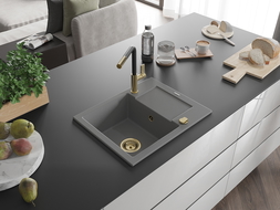 Mexen Enzo granitový dřez s odkapávačem a kuchyňskou baterií Flora, šedý - 6506-71-670401-57-G