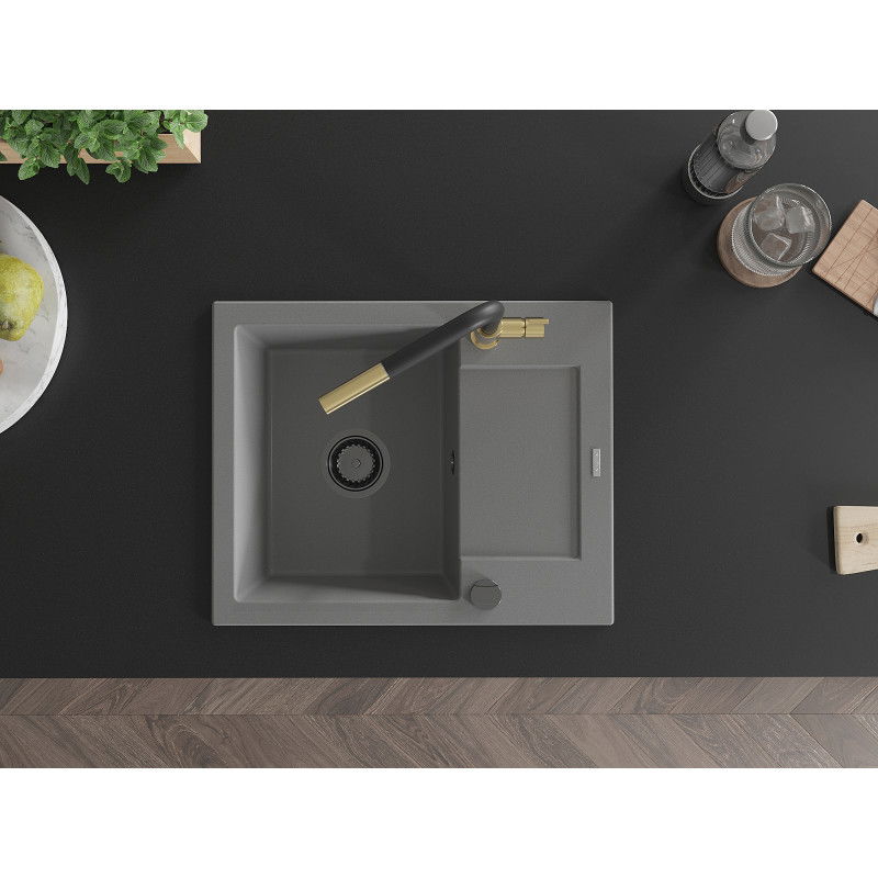 Mexen Enzo granitový dřez 1-komorový s odkapávačem a kuchyňskou baterií Flora, šedý - 6506-71-670401-57-B