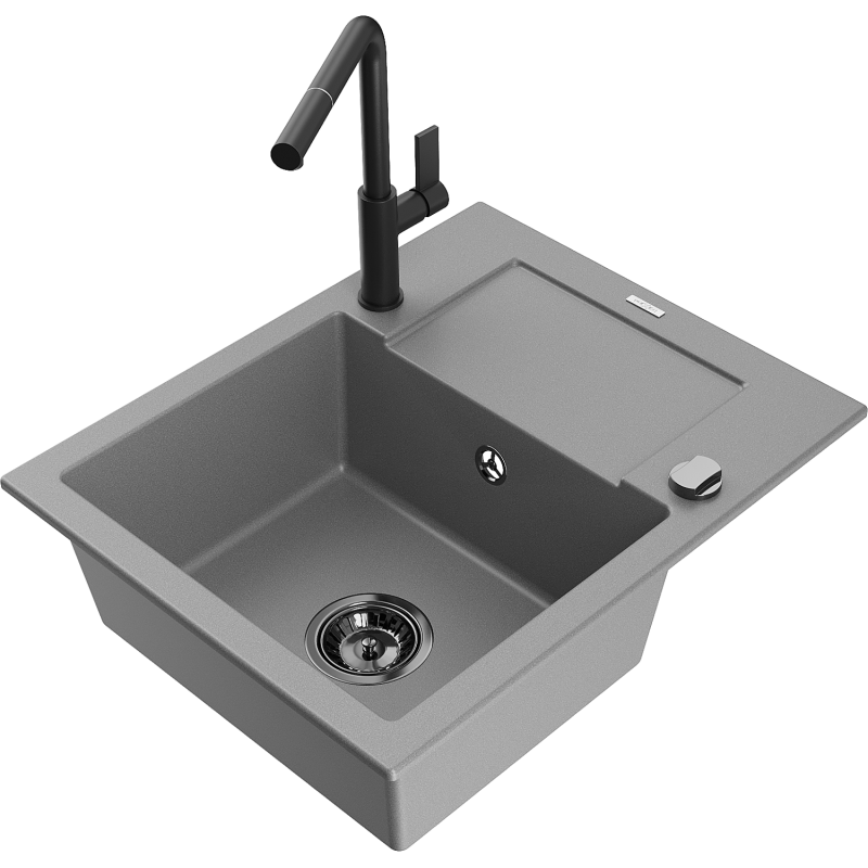 Mexen Enzo granitový dřez s 1 komorou a odkapávačem a kuchyňskou baterií Flora, šedá - 6506-71-670401-70-B