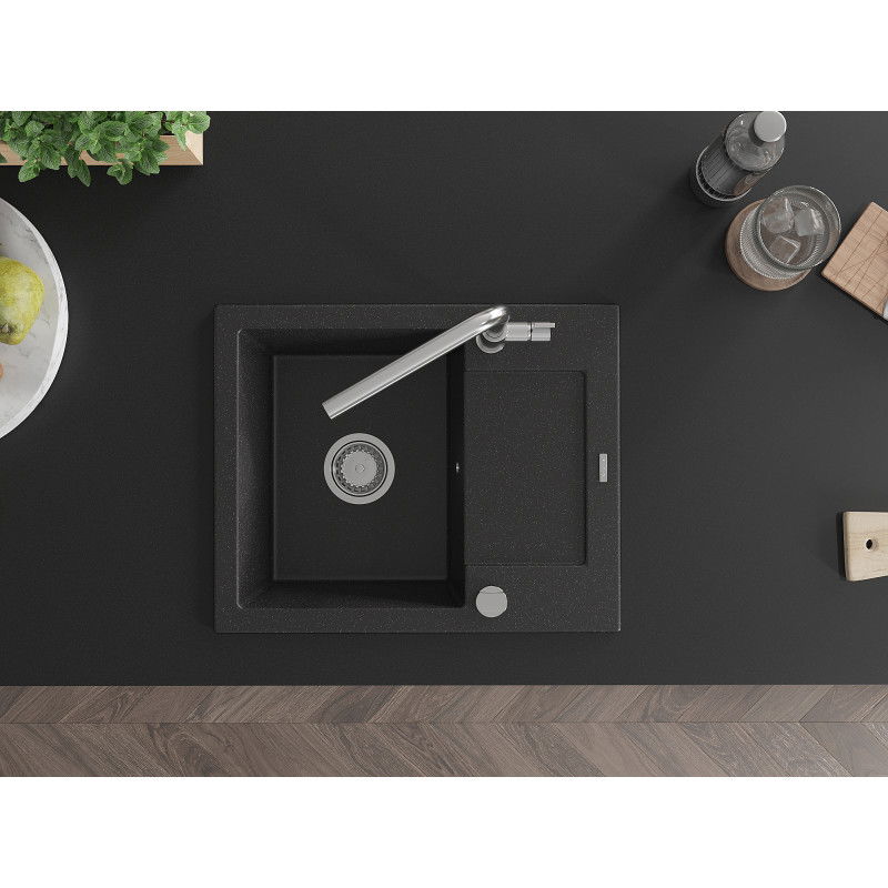 Mexen Enzo granitový dřez 1-komorový s odkapávačem a kuchyňskou baterií Flora, černý/stříbrný metalik - 6506-73-670401-00