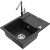 Mexen Enzo granitový dřez 1-komorový s odkapávačem a kuchyňskou baterií Flora, černý/stříbrný metalik - 6506-73-670401-00