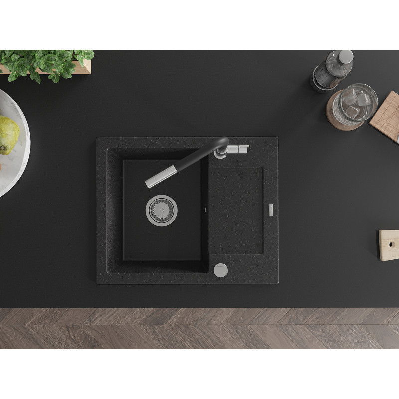 Mexen Enzo granitový dřez 1-komorový s odkapávačem a kuchyňskou baterií Flora, černý/stříbrný metalik - 6506-73-670401-07