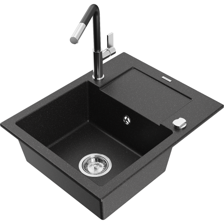 Mexen Enzo granitový dřez 1-komorový s odkapávačem a kuchyňskou baterií Flora, černý/stříbrný metalik - 6506-73-670401-07