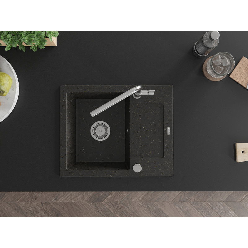 Mexen Enzo granitový dřez s 1 komorou a odkapávačem a kuchyňskou baterií Flora, černý/zlatý metalik - 6506-75-670401-00