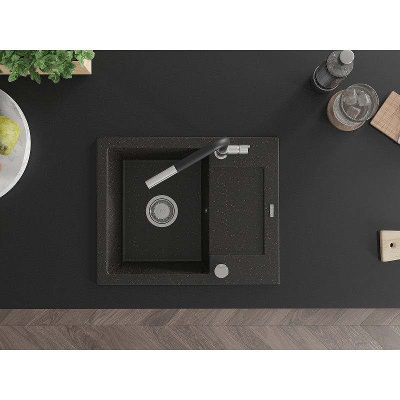 Mexen Enzo granitový dřez 1-komorový s odkapávačem a kuchyňskou baterií Flora, černý/zlatý metalik - 6506-75-670401-07