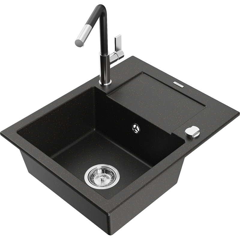 Mexen Enzo granitový dřez 1-komorový s odkapávačem a kuchyňskou baterií Flora, černý/zlatý metalik - 6506-75-670401-07