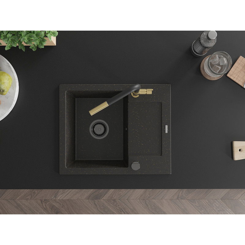 Mexen Enzo granitový dřez jednodřez s odkapávačem a kuchyňskou baterií Flora, černý/zlatý metalický - 6506-75-670401-57-B