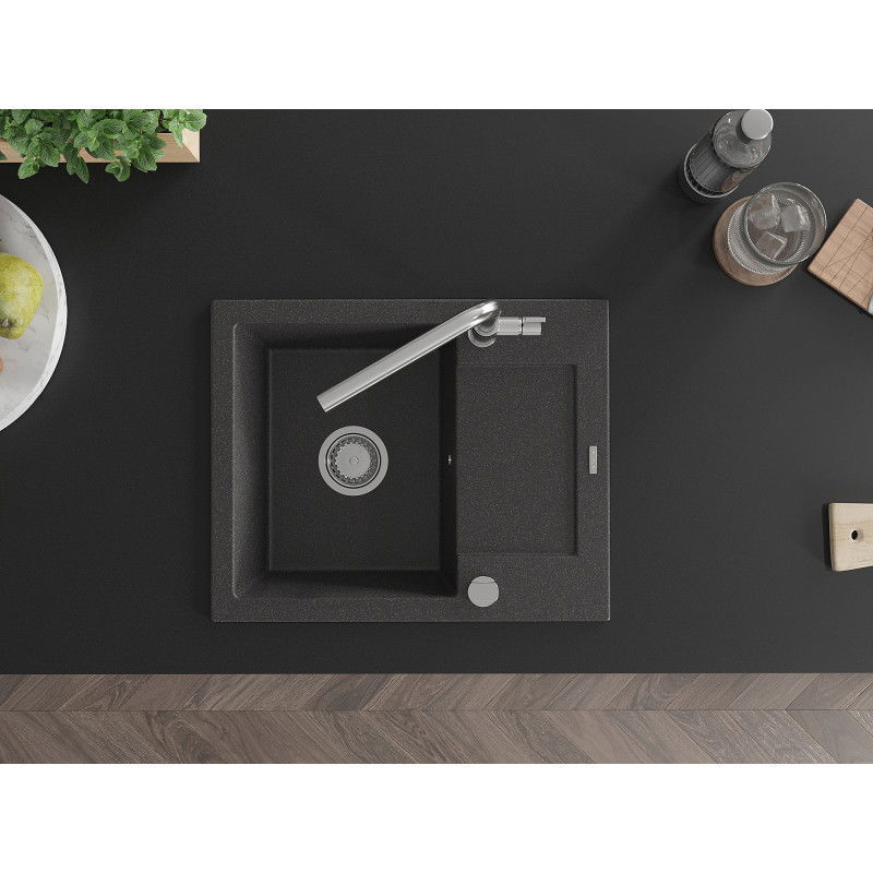 Mexen Enzo granitový dřez 1-komorový s odkapávačem a kuchyňskou baterií Flora, černý skvrnitý - 6506-76-670401-00