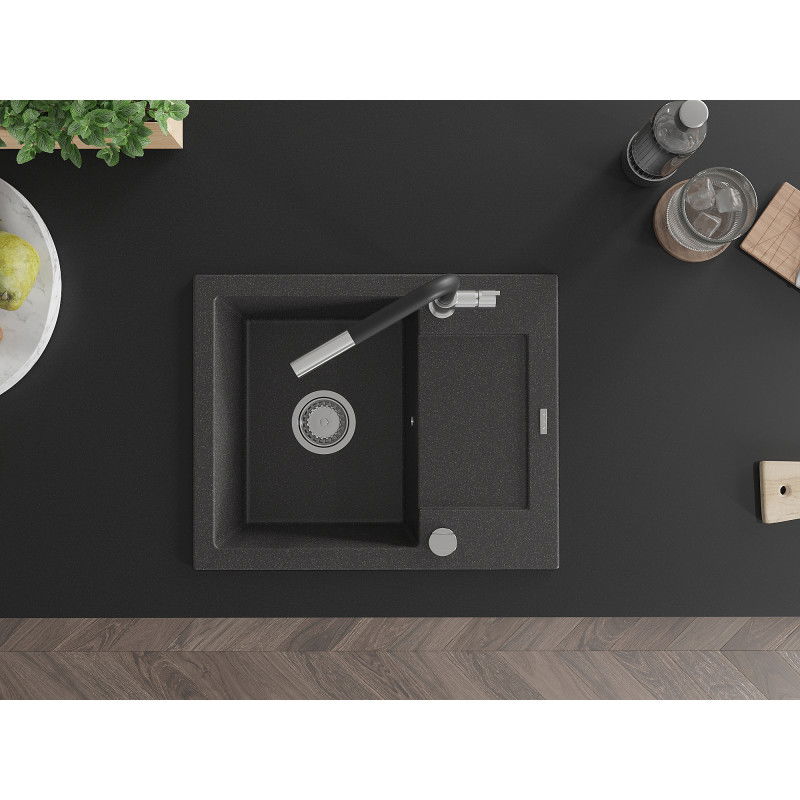 Mexen Enzo granitový dřez 1-komorový s odkapávačem a kuchyňskou baterií Flora, černý s tečkami - 6506-76-670401-07