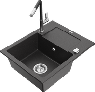 Mexen Enzo granitový dřez 1-komorový s odkapávačem a kuchyňskou baterií Flora, černý s tečkami - 6506-76-670401-07