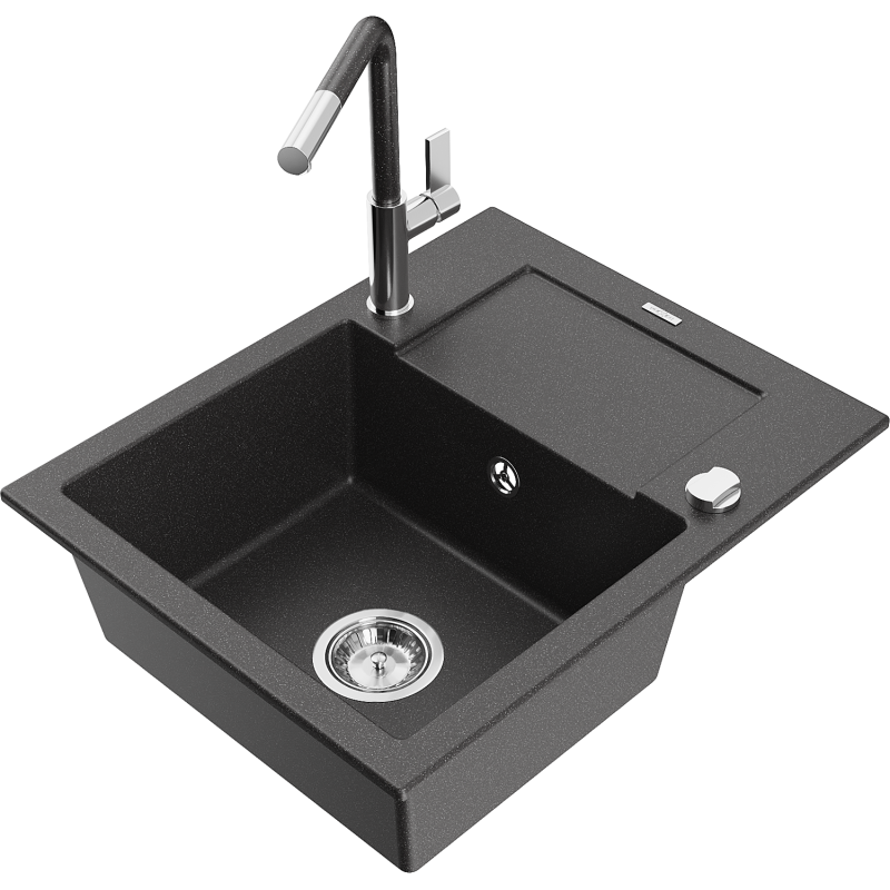 Mexen Enzo granitový dřez s 1 komorou a odkapávačem a kuchyňskou baterií Flora, černý s puntíky - 6506-76-670401-08