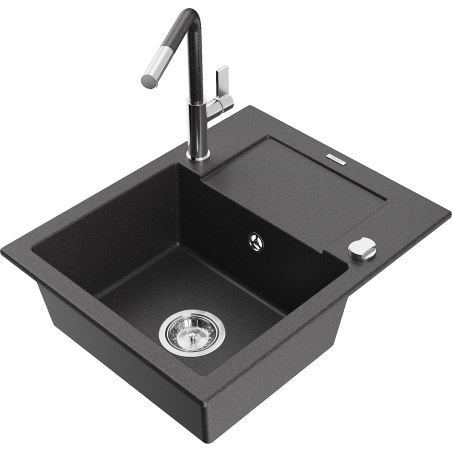 Mexen Enzo granitový dřez s 1 komorou a odkapávačem a kuchyňskou baterií Flora, černý s puntíky - 6506-76-670401-08