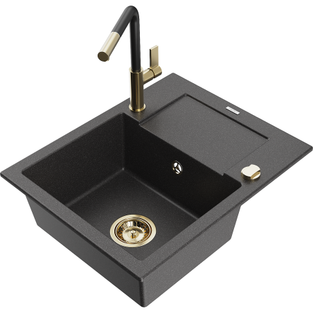 Mexen Enzo granitový dřez s 1 komorou s odkapávačem a kuchyňskou baterií Flora, černý tečkovaný - 6506-76-670401-57-G