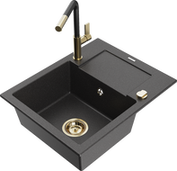 Mexen Enzo granitový dřez s 1 komorou s odkapávačem a kuchyňskou baterií Flora, černý tečkovaný - 6506-76-670401-57-G