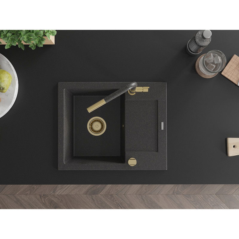Mexen Enzo granitový dřez s 1 komorou a odkapávačem a kuchyňskou baterií Flora, černý kropenatý - 6506-76-670401-75-G