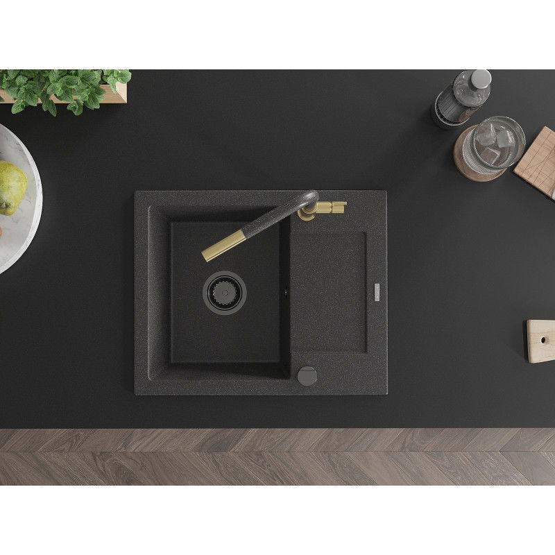 Mexen Enzo granitový dřez 1-komorový s odkapávačem a kuchyňskou baterií Flora, černý s tečkami - 6506-76-670401-75-B