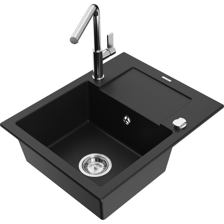 Mexen Enzo granitový dřez s 1 komorou s odkapávačem a kuchyňskou baterií Flora, černý - 6506-77-670401-00