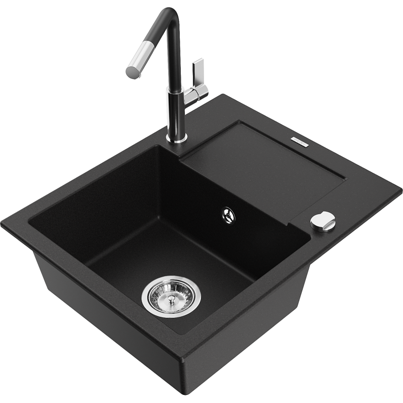 Mexen Enzo granitový dřez 1-komorový s odkapávačem a kuchyňskou baterií Flora, černý - 6506-77-670401-07