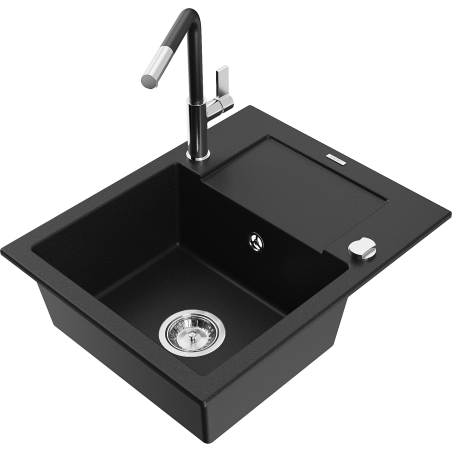 Mexen Enzo granitový dřez 1-komorový s odkapávačem a kuchyňskou baterií Flora, černý - 6506-77-670401-07