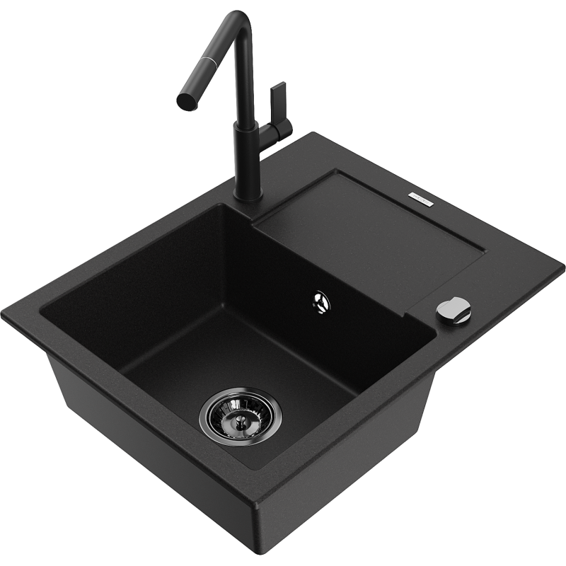 Mexen Enzo granitový dřez s 1 komorou s odkapávačem a kuchyňská baterie Flora, černá - 6506-77-670401-70-B