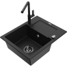 Mexen Enzo granitový dřez s 1 komorou s odkapávačem a kuchyňská baterie Flora, černá - 6506-77-670401-70-B
