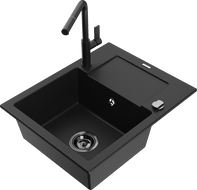 Mexen Enzo granitový dřez s 1 komorou s odkapávačem a kuchyňská baterie Flora, černá - 6506-77-670401-70-B