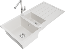 Mexen Andres žulový dřez 1,5komorový s odkapávačem a kuchyňskou baterií Flora, bílý - 6515-20-670401-00