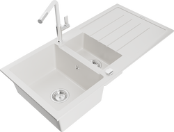 Mexen Andres žulový dřez 1,5-komorový s odkapávačem a kuchyňskou baterií Flora, bílý - 6515-20-670401-02