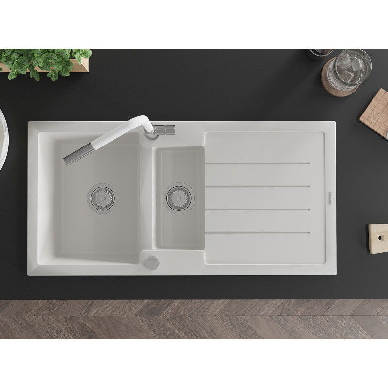 Mexen Andres žulový dřez 1,5-komorový s odkapávačem a kuchyňskou baterií Flora, bílý - 6515-20-670401-02