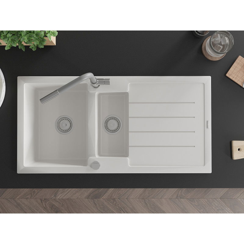 Mexen Andres granitový dřez 1,5-komorový s odkapávačem a kuchyňskou baterií Flora, bílý - 6515-20-670401-06