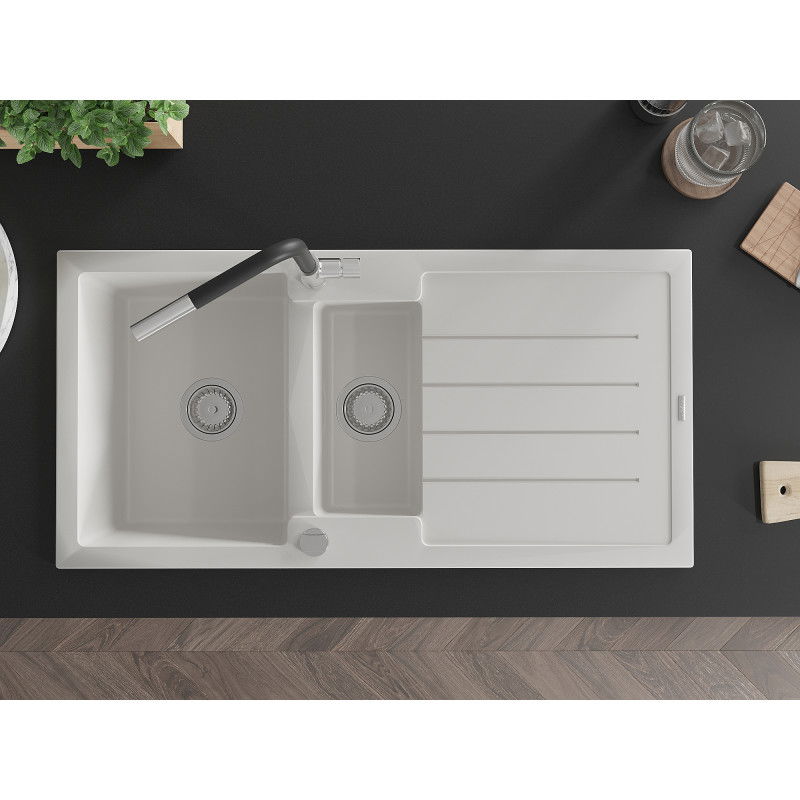 Mexen Andres žulový dřez 1,5-komorový s odkapem a kuchyňskou baterií Flora, bílý - 6515-20-670401-07