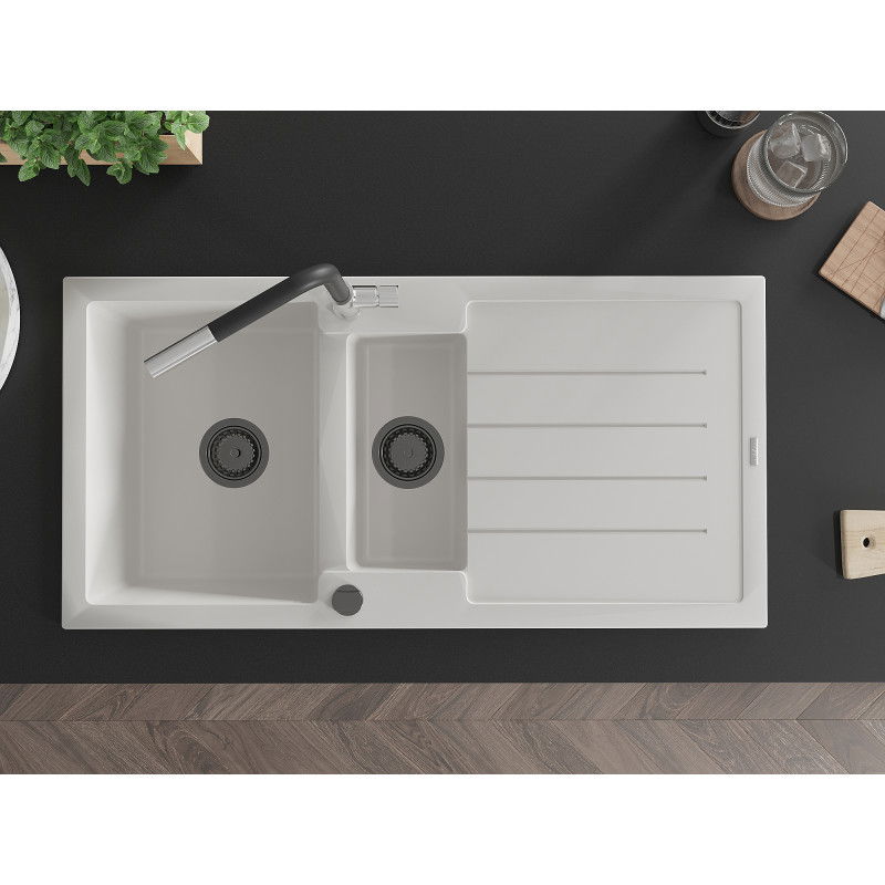 Mexen Andres žulový dřez 1,5-komorový s odkapávačem a kuchyňskou baterií Flora, bílý - 6515-20-670401-07-B