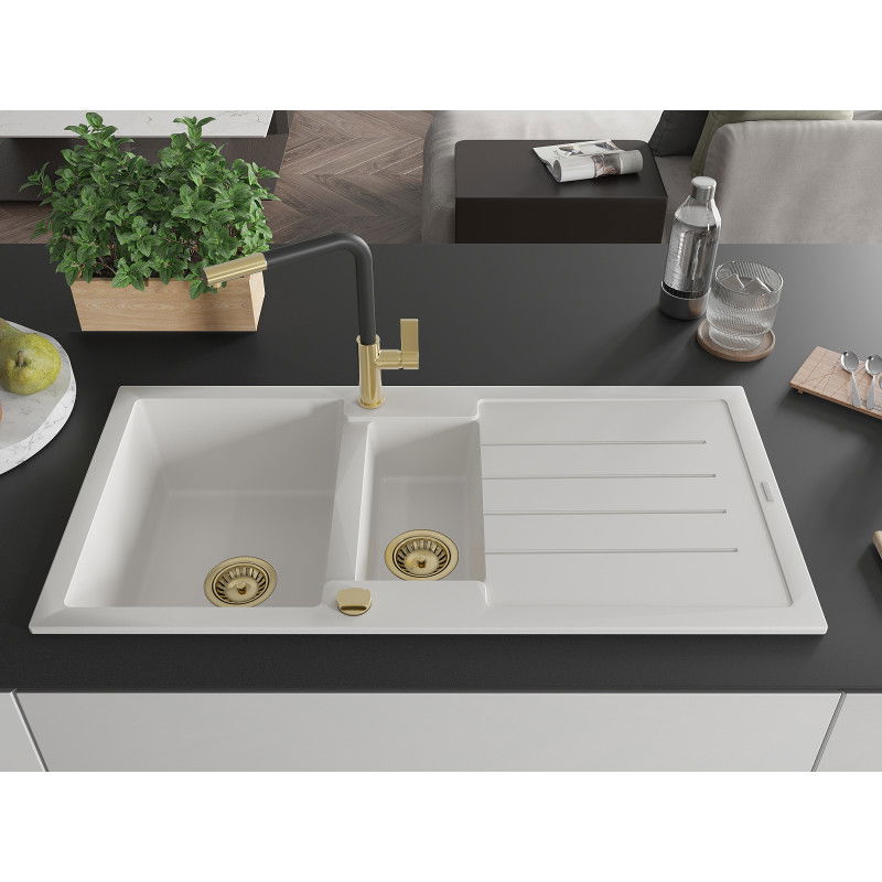 Mexen Andres žulový dřez 1,5-komorový s odkapávačem a kuchyňskou baterií Flora, bílý - 6515-20-670401-57-G