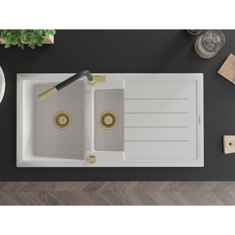 Mexen Andres žulový dřez 1,5-komorový s odkapávačem a kuchyňskou baterií Flora, bílý - 6515-20-670401-57-G