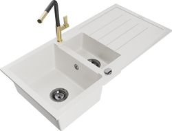 Mexen Andres granitový dřez 1,5-komorový s odkapávačem a kuchyňskou baterií Flora, bílý - 6515-20-670401-57-B