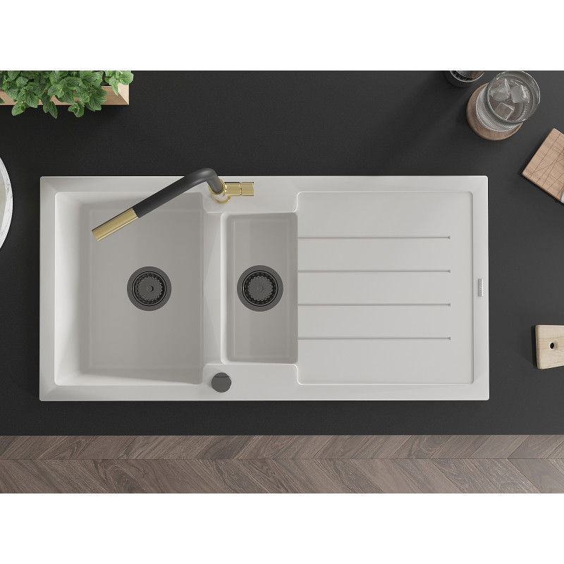 Mexen Andres granitový dřez 1,5-komorový s odkapávačem a kuchyňskou baterií Flora, bílý - 6515-20-670401-57-B