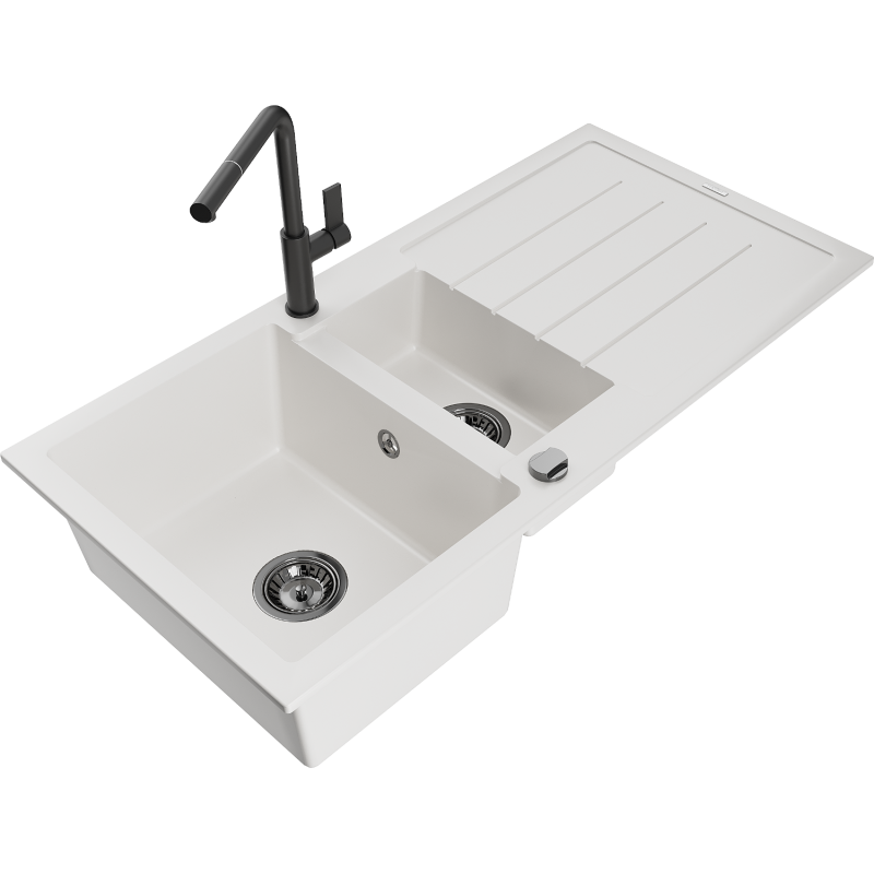 Mexen Andres granitový dřez 1,5-komorový s odkapávačem a kuchyňskou baterií Flora, bílý - 6515-20-670401-70-B