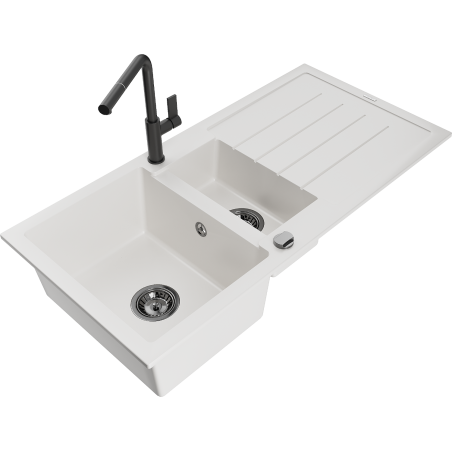 Mexen Andres granitový dřez 1,5-komorový s odkapávačem a kuchyňskou baterií Flora, bílý - 6515-20-670401-70-B