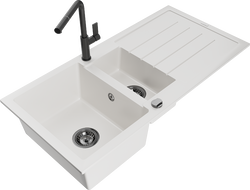 Mexen Andres granitový dřez 1,5-komorový s odkapávačem a kuchyňskou baterií Flora, bílý - 6515-20-670401-70-B