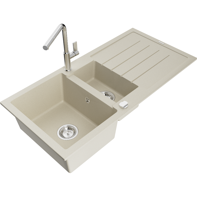 Mexen Andres granitový dřez 1,5-komorový s odkapávačem a kuchyňskou baterií Flora, béžový - 6515-69-670401-00