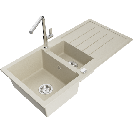 Mexen Andres granitový dřez 1,5-komorový s odkapávačem a kuchyňskou baterií Flora, béžový - 6515-69-670401-00