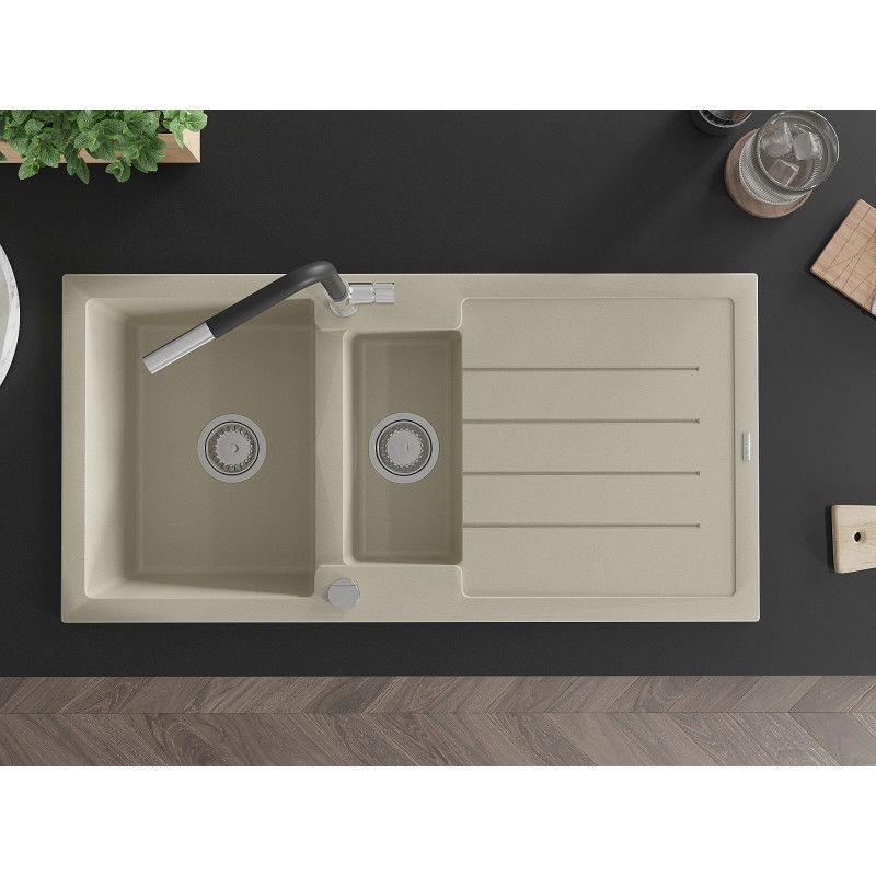 Mexen Andres granitový dřez 1,5-komorový s odkapávačem a kuchyňskou baterií Flora, béžový - 6515-69-670401-07