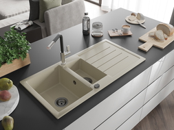 Mexen Andres granitový dřez 1,5-komorový s odkapávačem a kuchyňskou baterií Flora, béžový - 6515-69-670401-07-B