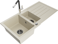 Mexen Andres granitový dřez 1,5-komorový s odkapávačem a kuchyňskou baterií Flora, béžový - 6515-69-670401-07-B